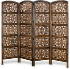 Urbane Crafts Handcrafted Wooden Room Divider & Living Room Partition | 4-Panel Solid Mango Wood & MDF Privacy Screen with Geometric Diamond Floral Cutouts | Antique Burnished Brown Finish