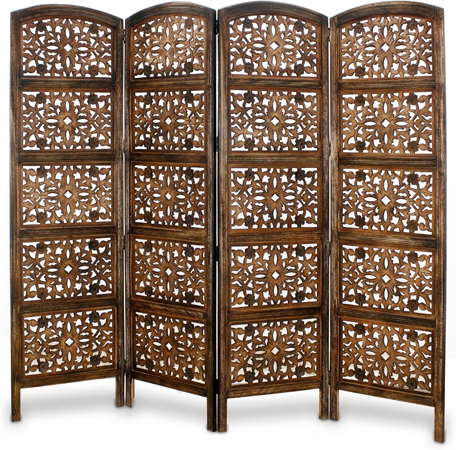 Urbane Crafts Handcrafted Wooden Room Divider & Living Room Partition | 4-Panel Solid Mango Wood & MDF Privacy Screen with Geometric Diamond Floral Cutouts | Antique Burnished Brown Finish