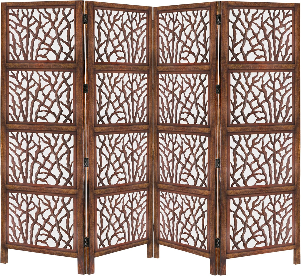 Urbane Crafts Handcrafted Wooden Room Divider & Living Room Partition | 4-Panel Solid Mango Wood & MDF Privacy Screen with Modern Tree Branch Cutouts | Natural Warm Brown Finish