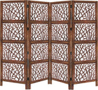 Urbane Crafts Handcrafted Wooden Room Divider & Living Room Partition | 4-Panel Solid Mango Wood & MDF Privacy Screen with Modern Tree Branch Cutouts | Natural Warm Brown Finish