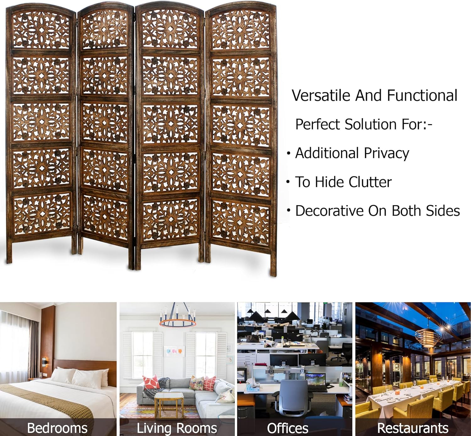 Urbane Crafts Handcrafted Wooden Room Divider & Living Room Partition | 4-Panel Solid Mango Wood & MDF Privacy Screen with Geometric Diamond Floral Cutouts | Antique Burnished Brown Finish