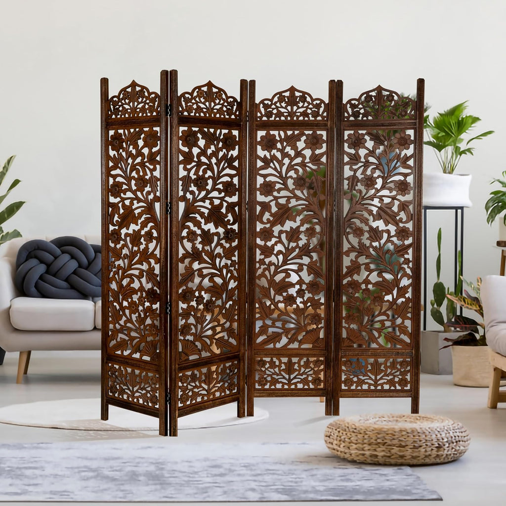 Urbane Crafts Handcrafted Wooden Room Divider & Living Room Partition | 4-Panel Solid Mango Wood & MDF Privacy Screen with Intricate Floral Vine Carvings | Classic Antique Walnut Finish