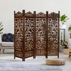 Urbane Crafts Handcrafted Wooden Room Divider & Living Room Partition | 4-Panel Solid Mango Wood & MDF Privacy Screen with Intricate Floral Vine Carvings | Classic Antique Walnut Finish