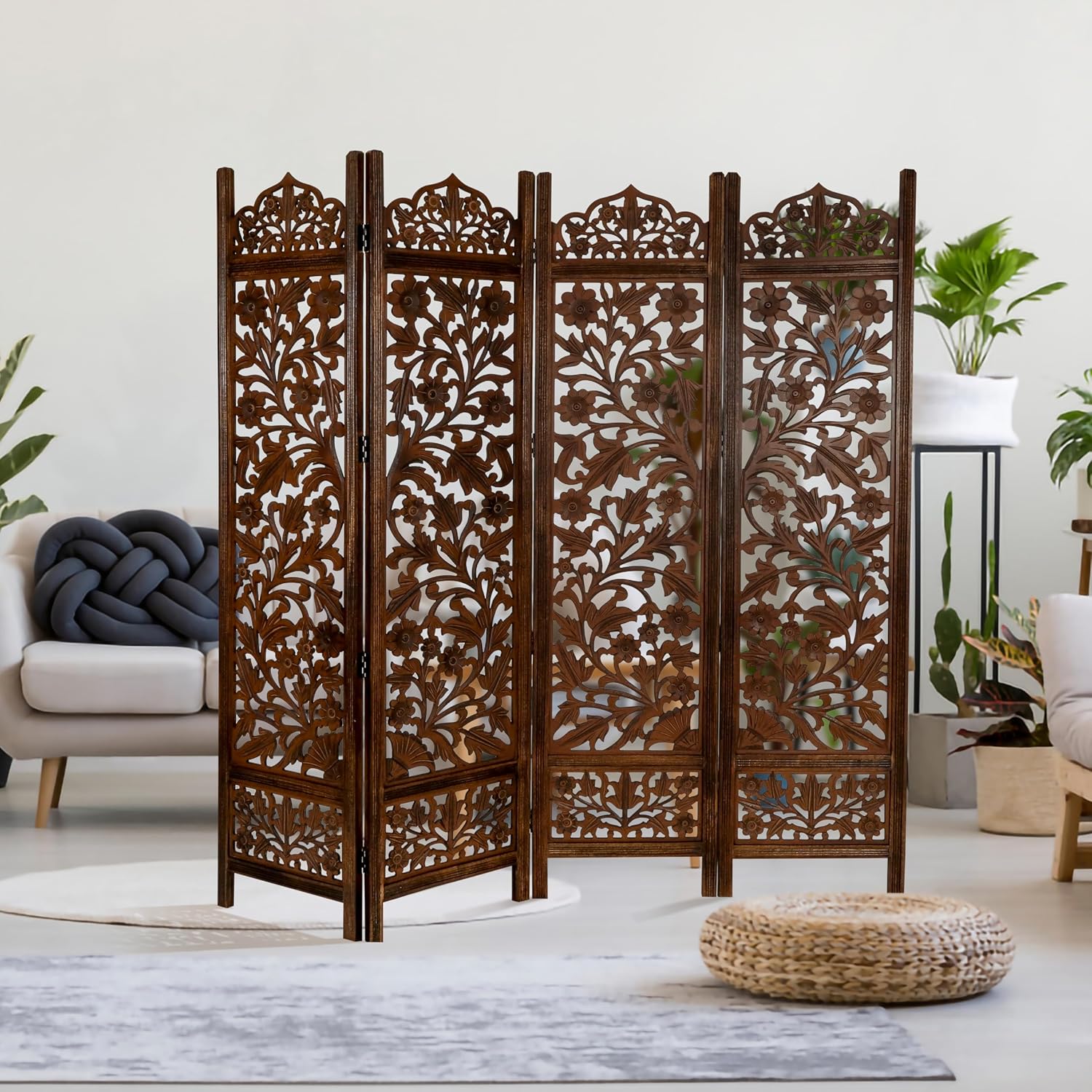 Urbane Crafts Handcrafted Wooden Room Divider & Living Room Partition | 4-Panel Solid Mango Wood & MDF Privacy Screen with Intricate Floral Vine Carvings | Classic Antique Walnut Finish