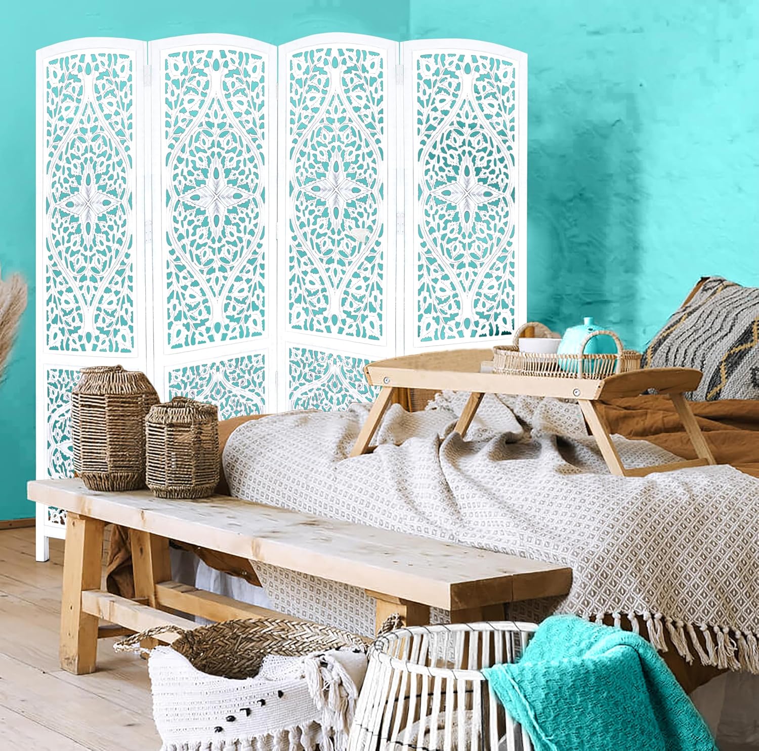 Urbane Crafts Handcrafted Wooden Room Divider & Living Room Partition | 4-Panel Solid Mango Wood & MDF Privacy Screen with Diamond Floral Cutouts & Arched Tops | Classic White Wash Finish