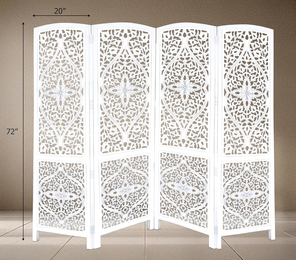 Urbane Crafts Handcrafted Wooden Room Divider & Living Room Partition | 4-Panel Solid Mango Wood & MDF Privacy Screen with Diamond Floral Cutouts & Arched Tops | Classic White Wash Finish