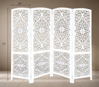 Urbane Crafts Handcrafted Wooden Room Divider & Living Room Partition | 4-Panel Solid Mango Wood & MDF Privacy Screen with Diamond Floral Cutouts & Arched Tops | Classic White Wash Finish