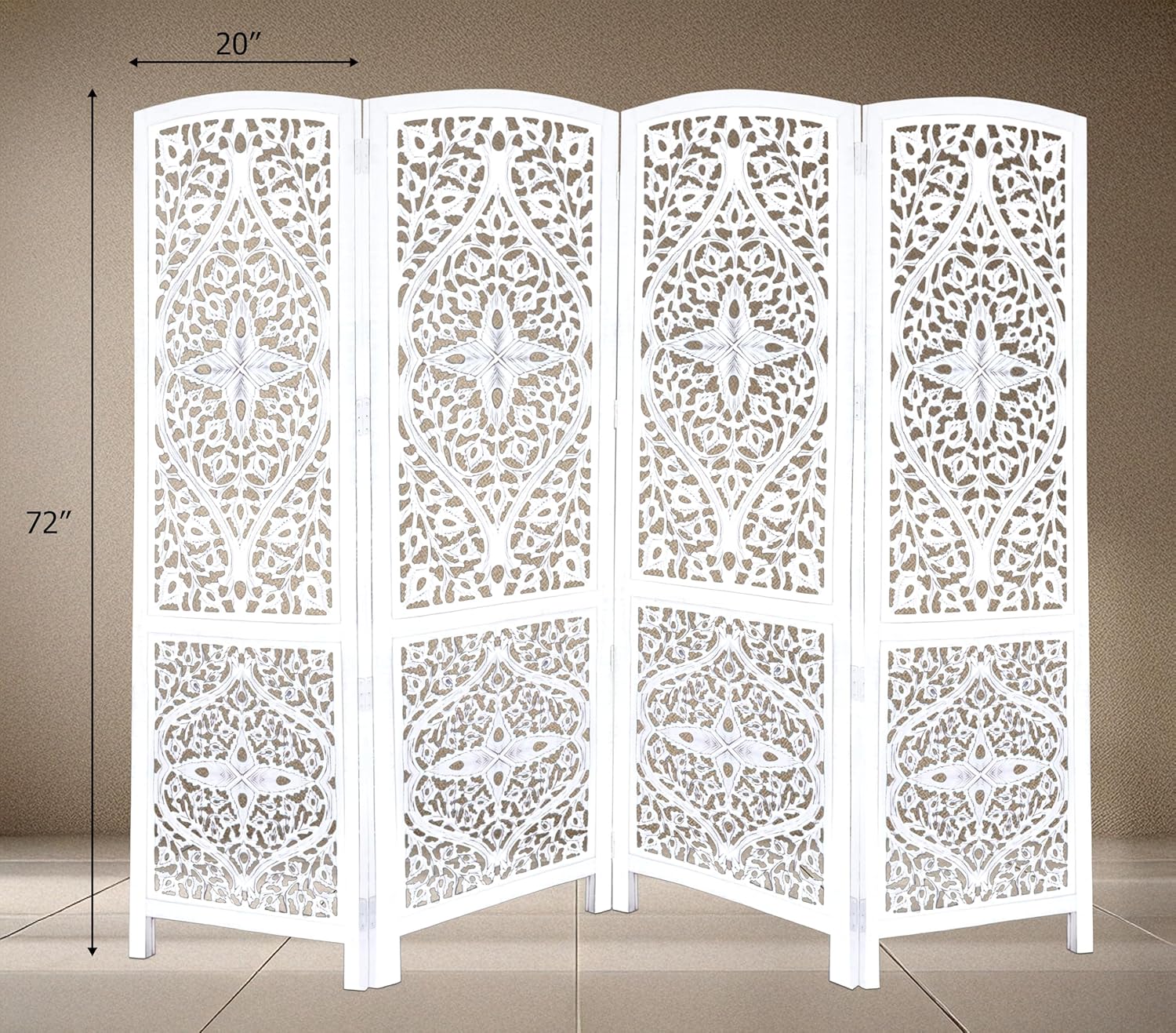 Urbane Crafts Handcrafted Wooden Room Divider & Living Room Partition | 4-Panel Solid Mango Wood & MDF Privacy Screen with Diamond Floral Cutouts & Arched Tops | Classic White Wash Finish