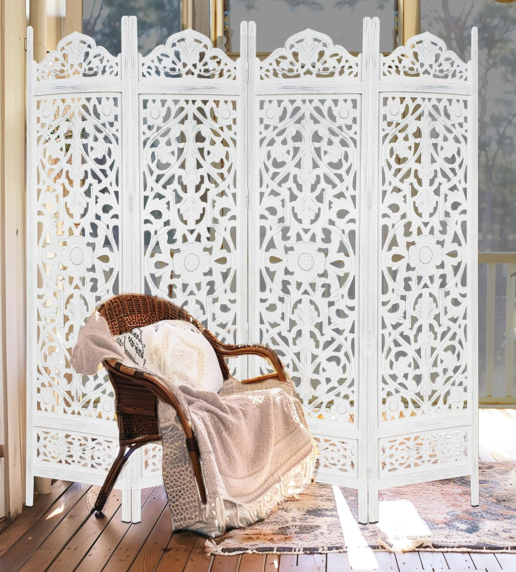Urbane Crafts Handcrafted Wooden Room Divider & Living Room Partition | 4-Panel Solid Mango Wood & MDF Privacy Screen with Symmetrical Mandala Floral Carvings | Crisp Distressed White Finish
