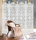 Urbane Crafts Handcrafted Wooden Room Divider & Living Room Partition | 4-Panel Solid Mango Wood & MDF Privacy Screen with Symmetrical Mandala Floral Carvings | Crisp Distressed White Finish