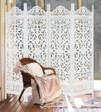 Urbane Crafts Handcrafted Wooden Room Divider & Living Room Partition | 4-Panel Solid Mango Wood & MDF Privacy Screen with Symmetrical Mandala Floral Carvings | Crisp Distressed White Finish