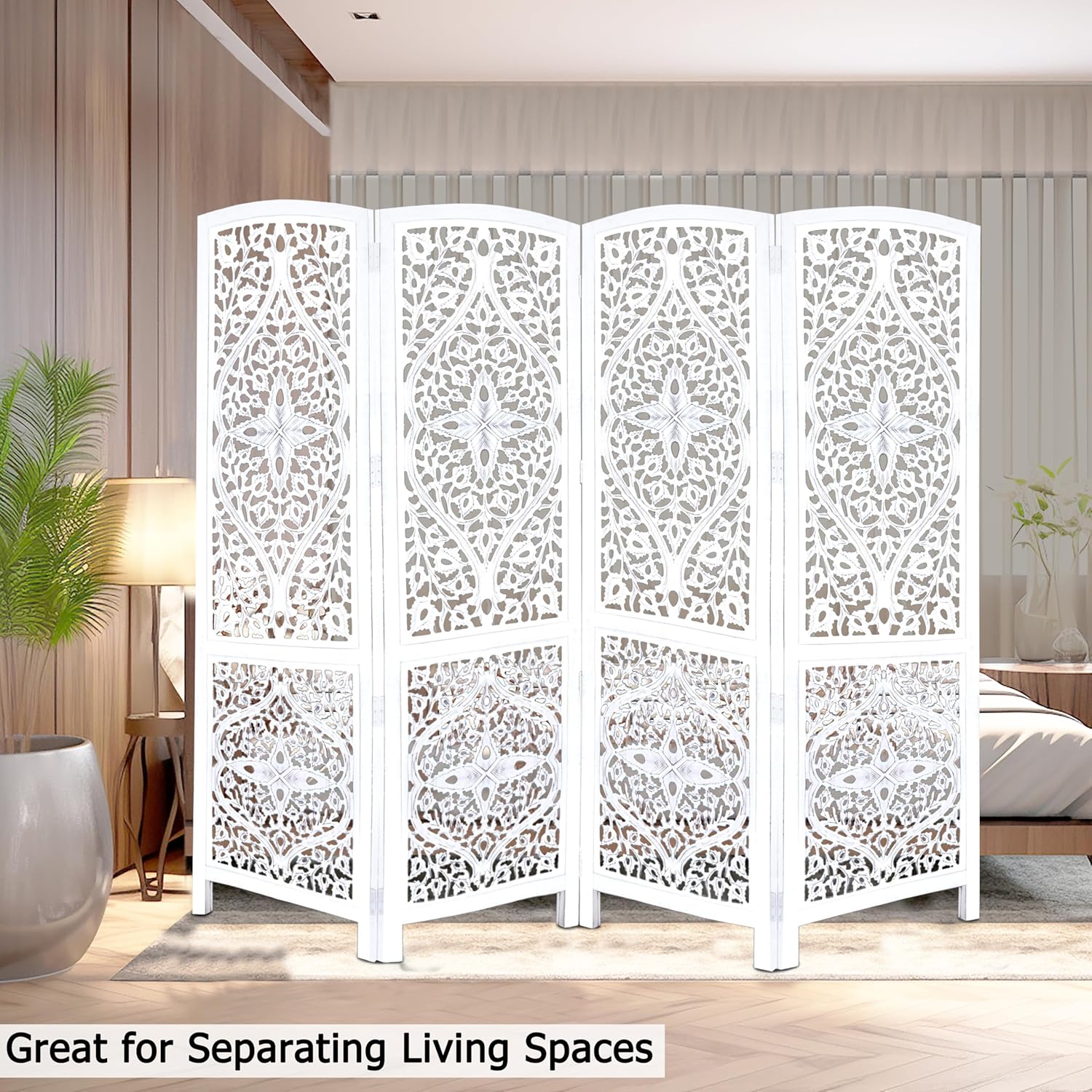 Urbane Crafts Handcrafted Wooden Room Divider & Living Room Partition | 4-Panel Solid Mango Wood & MDF Privacy Screen with Diamond Floral Cutouts & Arched Tops | Classic White Wash Finish