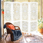 Urbane Crafts Handcrafted Wooden Room Divider & Living Room Partition | 4-Panel Solid Mango Wood & MDF Privacy Screen with Diamond Floral Cutouts & Arched Tops | Classic White Wash Finish