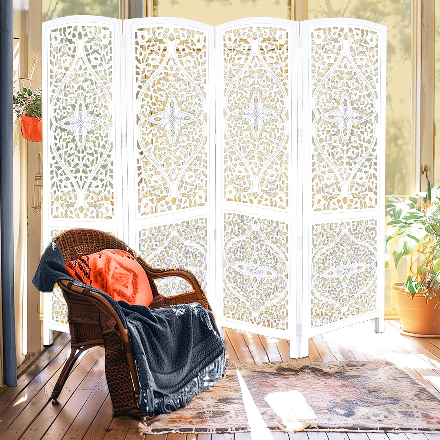Urbane Crafts Handcrafted Wooden Room Divider & Living Room Partition | 4-Panel Solid Mango Wood & MDF Privacy Screen with Diamond Floral Cutouts & Arched Tops | Classic White Wash Finish