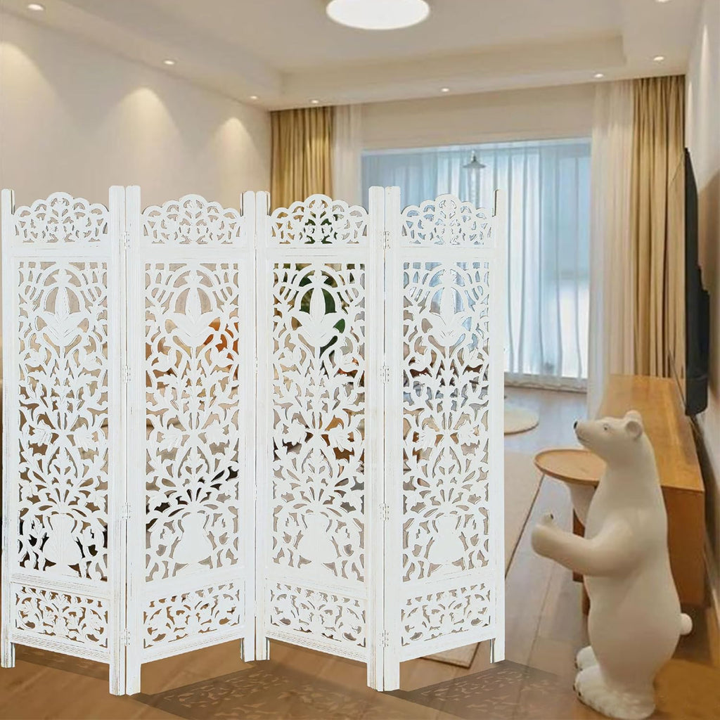 Urbane Crafts Handcrafted Wooden Room Divider & Living Room Partition | 4-Panel Solid Mango Wood & MDF Privacy Screen with Elegant Floral Vase Carvings | Pristine White Finish