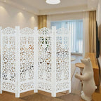 Urbane Crafts Handcrafted Wooden Room Divider & Living Room Partition | 4-Panel Solid Mango Wood & MDF Privacy Screen with Elegant Floral Vase Carvings | Pristine White Finish