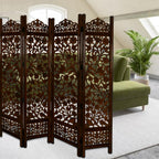 Urbane Crafts Handcrafted Wooden Room Divider & Living Room Partition | 4-Panel Solid Mango Wood & MDF Privacy Screen with Intricate Floral Vine Carvings | Classic Antique Walnut Finish