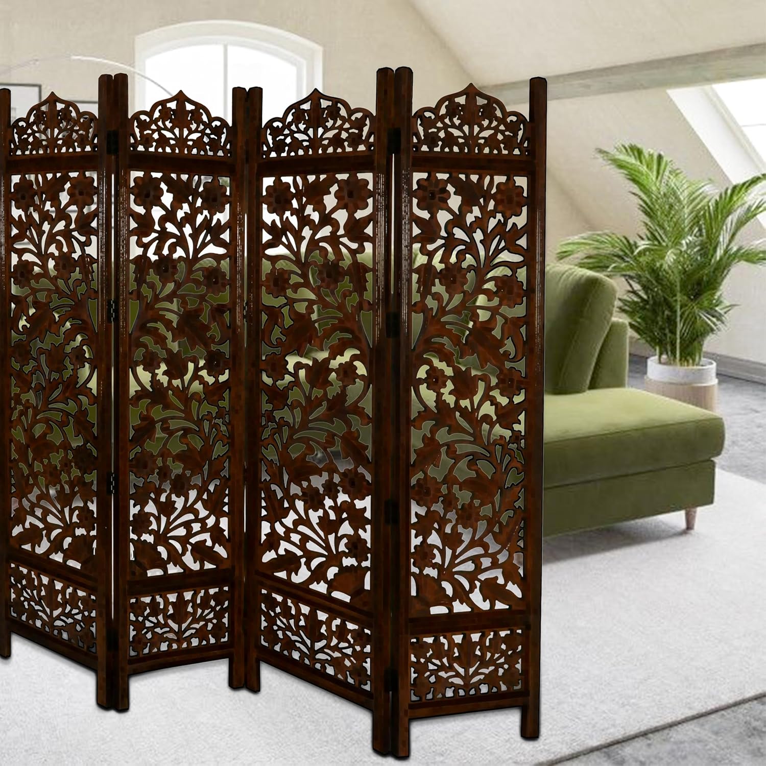 Urbane Crafts Handcrafted Wooden Room Divider & Living Room Partition | 4-Panel Solid Mango Wood & MDF Privacy Screen with Intricate Floral Vine Carvings | Classic Antique Walnut Finish