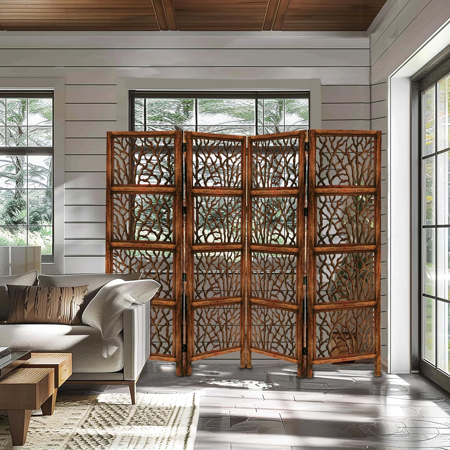 Urbane Crafts Handcrafted Wooden Room Divider & Living Room Partition | 4-Panel Solid Mango Wood & MDF Privacy Screen with Modern Tree Branch Cutouts | Natural Warm Brown Finish