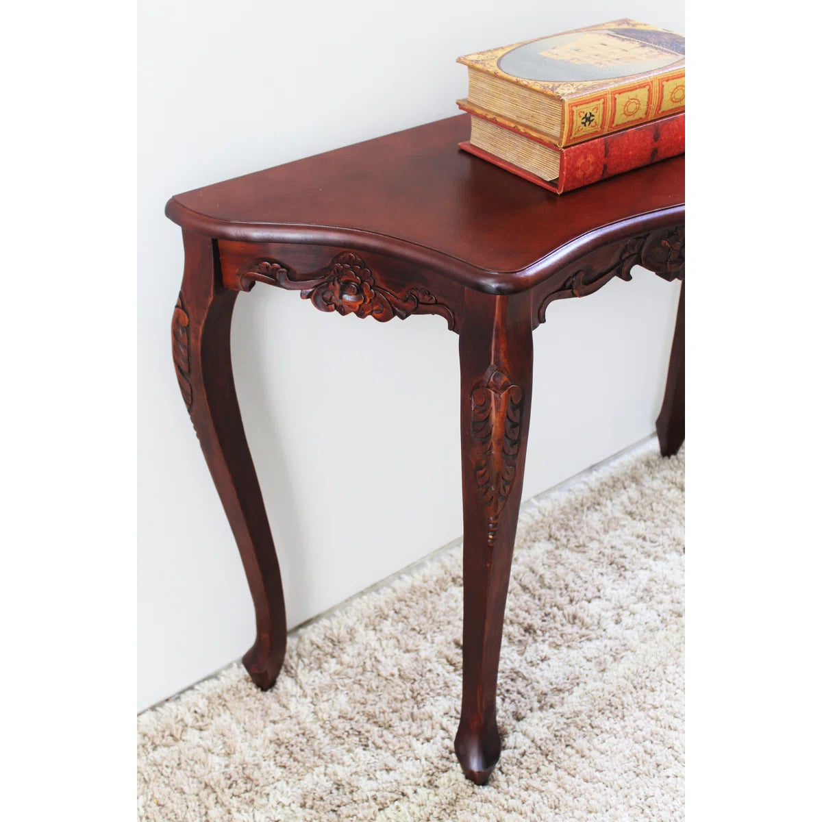 Urbane Crafts Vintage Handcrafted Solid Wood Console Table for Entryway & Living Room – Classic Carved Accent Sofa Table with Curved Legs