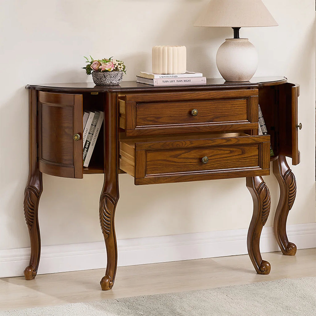 Urbane Crafts Solid Teak Wood Demilune Console Cabinet – Vintage Half-Moon Entryway Sideboard with Drawers, Curved Side Cabinets, and Ornate Cabriole Legs