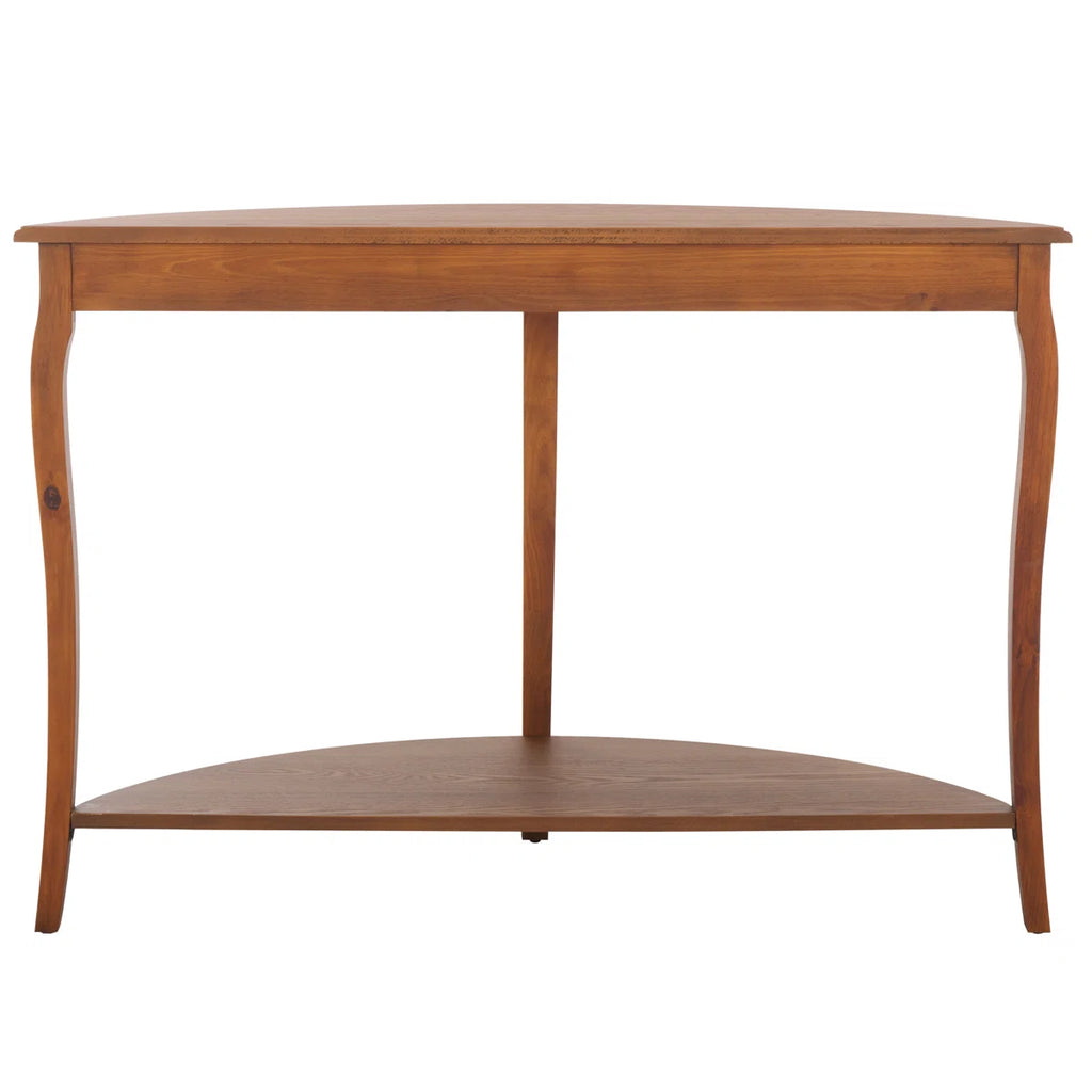 Urbane Crafts Solid Teak Wood Half-Moon Console Table – Vintage Demilune Entryway Table with Scalloped Apron and Storage Shelf