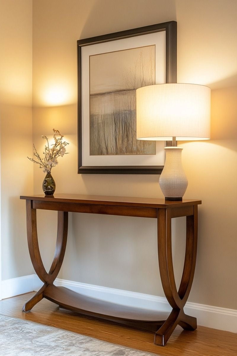 Urbane Crafts Solid Teak Wood Modern Crescent Console Table – Mid-Century Transitional Foyer Table with U-Shaped Curved Legs and Display Shelf