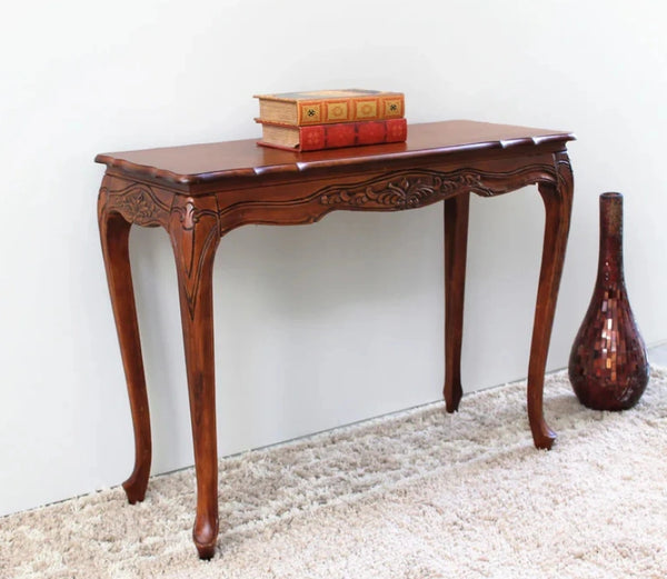 Urbane Crafts Vintage Handcrafted Solid Wood Console Table for Entryway & Living Room – Classic Carved Accent Sofa Table with Curved Legs
