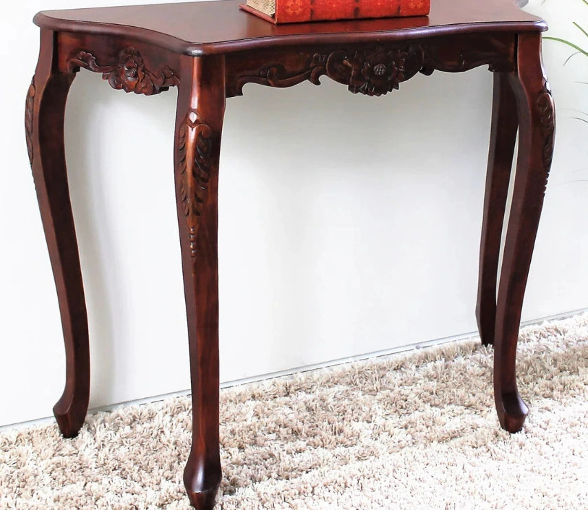 Urbane Crafts Vintage Handcrafted Solid Wood Console Table for Entryway & Living Room – Classic Carved Accent Sofa Table with Curved Legs