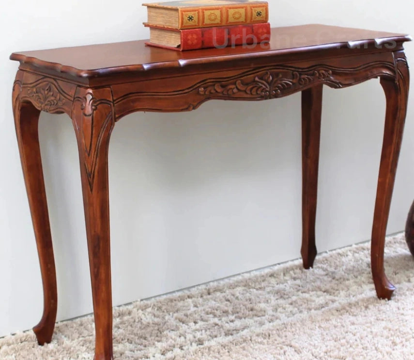 Urbane Crafts Vintage Handcrafted Solid Wood Console Table for Entryway & Living Room – Classic Carved Accent Sofa Table with Curved Legs