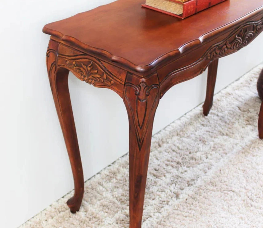 Urbane Crafts Vintage Handcrafted Solid Wood Console Table for Entryway & Living Room – Classic Carved Accent Sofa Table with Curved Legs