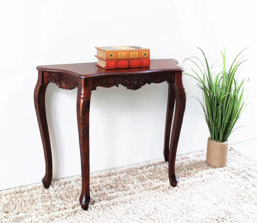 Urbane Crafts Vintage Handcrafted Solid Wood Console Table for Entryway & Living Room – Classic Carved Accent Sofa Table with Curved Legs