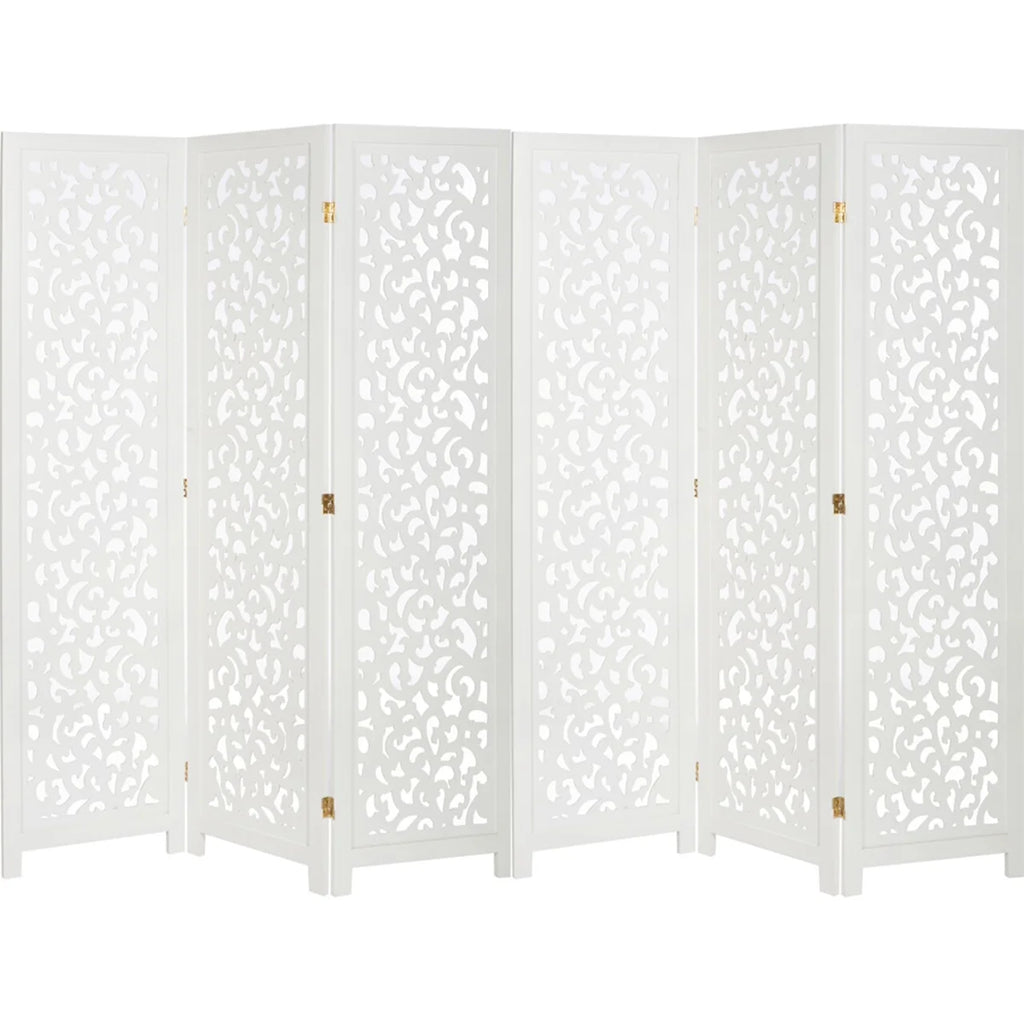 Urbane Crafts 6-Panel Carved Wood Room Divider – 67" Tall Extra Wide Folding Privacy Screen, Antique White