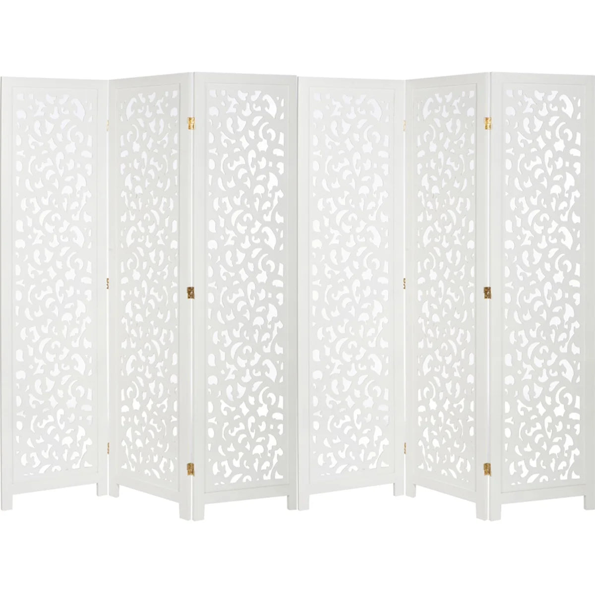 Urbane Crafts 6-Panel Carved Wood Room Divider – 67" Tall Extra Wide Folding Privacy Screen, Antique White