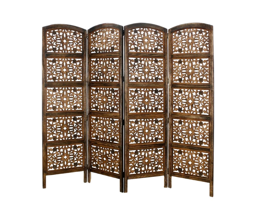 Urbane Crafts Handcrafted Wooden Room Divider & Living Room Partition | 4-Panel Solid Mango Wood & MDF Privacy Screen with Geometric Diamond Floral Cutouts | Antique Furnished Brown Finish