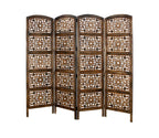 Urbane Crafts Handcrafted Wooden Room Divider & Living Room Partition | 4-Panel Solid Mango Wood & MDF Privacy Screen with Geometric Diamond Floral Cutouts | Antique Furnished Brown Finish