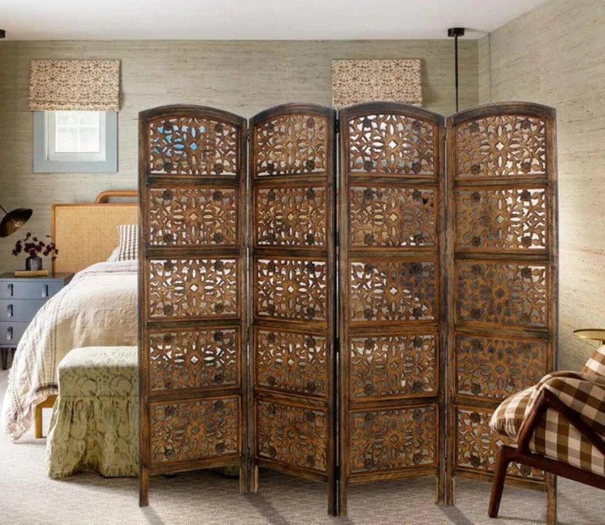 Urbane Crafts Handcrafted Wooden Room Divider & Living Room Partition | 4-Panel Solid Mango Wood & MDF Privacy Screen with Geometric Diamond Floral Cutouts | Antique Furnished Brown Finish