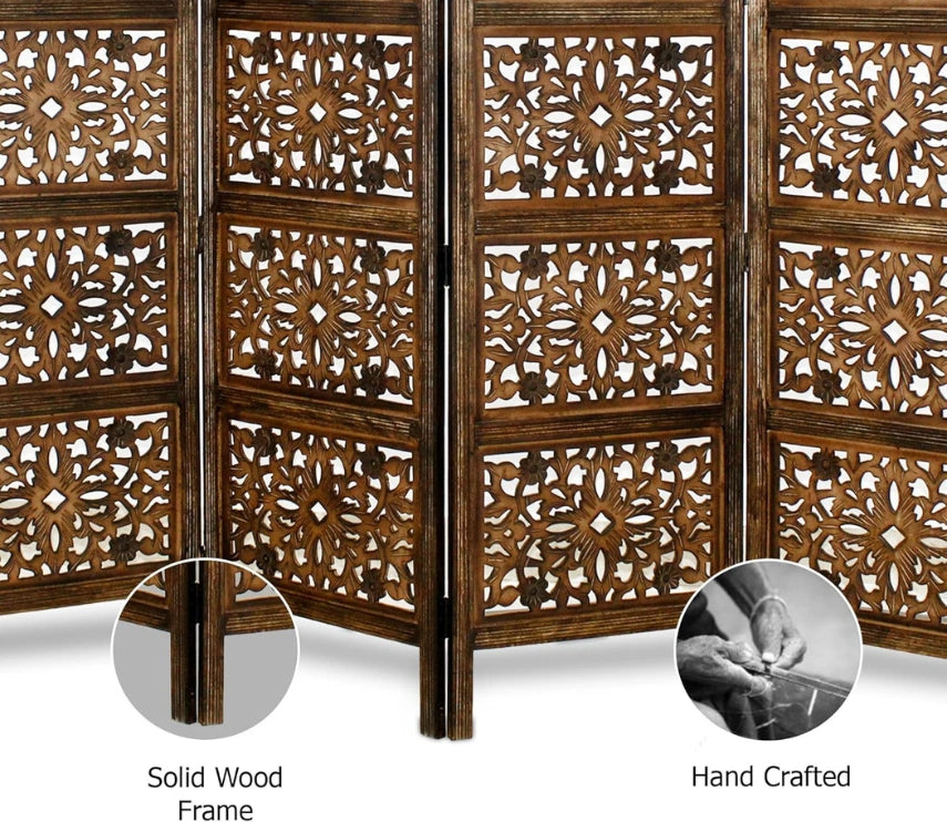 Urbane Crafts Handcrafted Wooden Room Divider & Living Room Partition | 4-Panel Solid Mango Wood & MDF Privacy Screen with Geometric Diamond Floral Cutouts | Antique Furnished Brown Finish