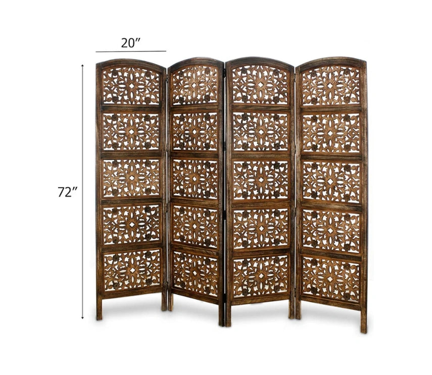 Urbane Crafts Handcrafted Wooden Room Divider & Living Room Partition | 4-Panel Solid Mango Wood & MDF Privacy Screen with Geometric Diamond Floral Cutouts | Antique Furnished Brown Finish