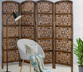 Urbane Crafts Handcrafted Wooden Room Divider & Living Room Partition | 4-Panel Solid Mango Wood & MDF Privacy Screen with Geometric Diamond Floral Cutouts | Antique Furnished Brown Finish