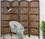Urbane Crafts Handcrafted Wooden Room Divider & Living Room Partition | 4-Panel Solid Mango Wood & MDF Privacy Screen with Geometric Diamond Floral Cutouts | Antique Furnished Brown Finish