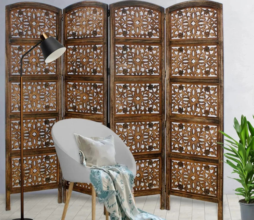 Urbane Crafts Handcrafted Wooden Room Divider & Living Room Partition | 4-Panel Solid Mango Wood & MDF Privacy Screen with Geometric Diamond Floral Cutouts | Antique Furnished Brown Finish