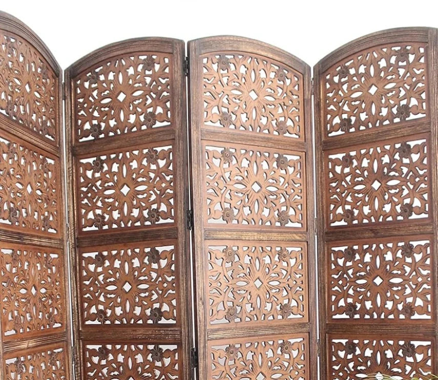 Urbane Crafts Handcrafted Wooden Room Divider & Living Room Partition | 4-Panel Solid Mango Wood & MDF Privacy Screen with Geometric Diamond Floral Cutouts | Antique Furnished Brown Finish