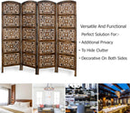 Urbane Crafts Handcrafted Wooden Room Divider & Living Room Partition | 4-Panel Solid Mango Wood & MDF Privacy Screen with Geometric Diamond Floral Cutouts | Antique Furnished Brown Finish