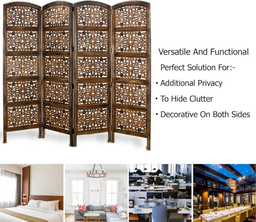 Urbane Crafts Handcrafted Wooden Room Divider & Living Room Partition | 4-Panel Solid Mango Wood & MDF Privacy Screen with Geometric Diamond Floral Cutouts | Antique Furnished Brown Finish