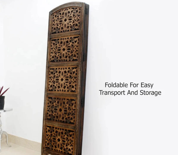 Urbane Crafts Handcrafted Wooden Room Divider & Living Room Partition | 4-Panel Solid Mango Wood & MDF Privacy Screen with Geometric Diamond Floral Cutouts | Antique Furnished Brown Finish