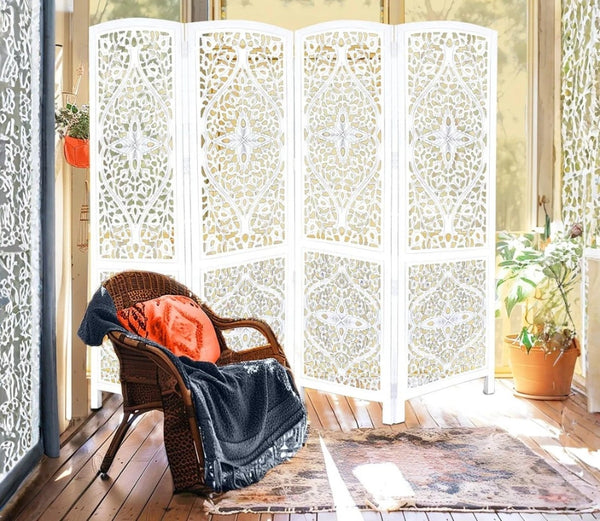 Urbane Crafts Handcrafted Wooden Room Divider & Living Room Partition | 4-Panel Solid Mango Wood & MDF Privacy Screen with Diamond Floral Cutouts & Arched Tops | Classic White Wash Finish