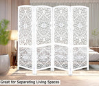 Urbane Crafts Handcrafted Wooden Room Divider & Living Room Partition | 4-Panel Solid Mango Wood & MDF Privacy Screen with Diamond Floral Cutouts & Arched Tops | Classic White Wash Finish