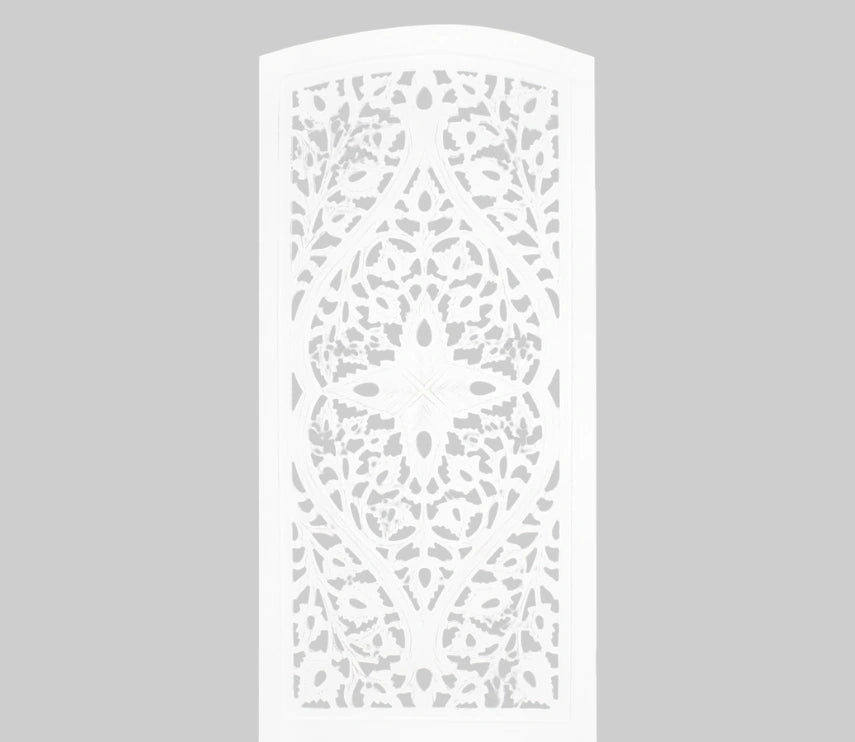 Urbane Crafts Handcrafted Wooden Room Divider & Living Room Partition | 4-Panel Solid Mango Wood & MDF Privacy Screen with Diamond Floral Cutouts & Arched Tops | Classic White Wash Finish