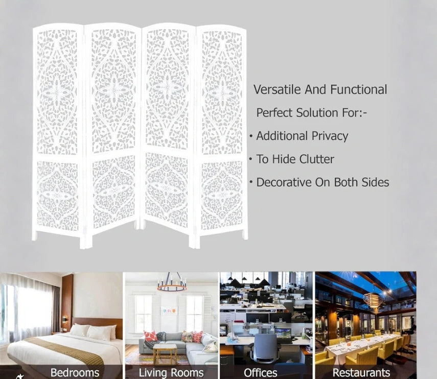 Urbane Crafts Handcrafted Wooden Room Divider & Living Room Partition | 4-Panel Solid Mango Wood & MDF Privacy Screen with Diamond Floral Cutouts & Arched Tops | Classic White Wash Finish